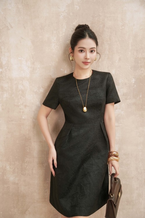 Sixdo Black Brocade Mini Dress